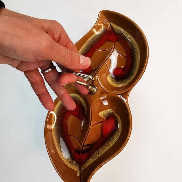 Divided Ceramic Double Leaf Shape Dish with Handle 70s Made in Japan - Picture 7 of 11